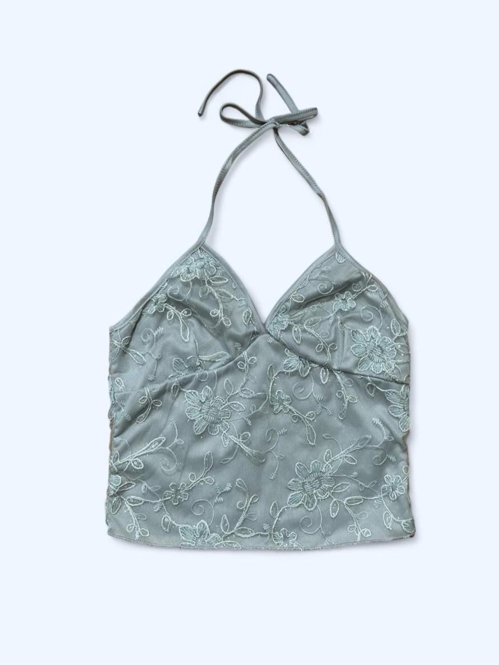 Gray Floral Embroidered Halter Crop Top